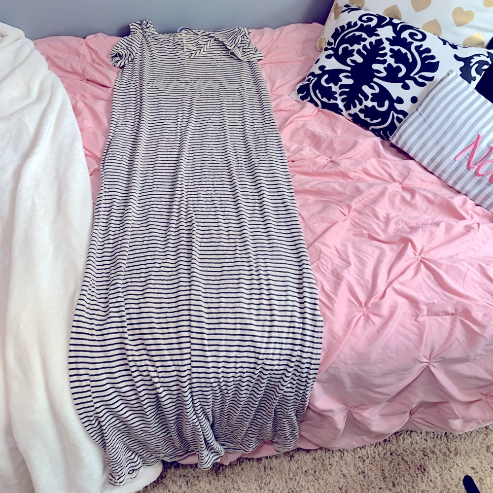 Olivia Rae tan and black striped maxi dress